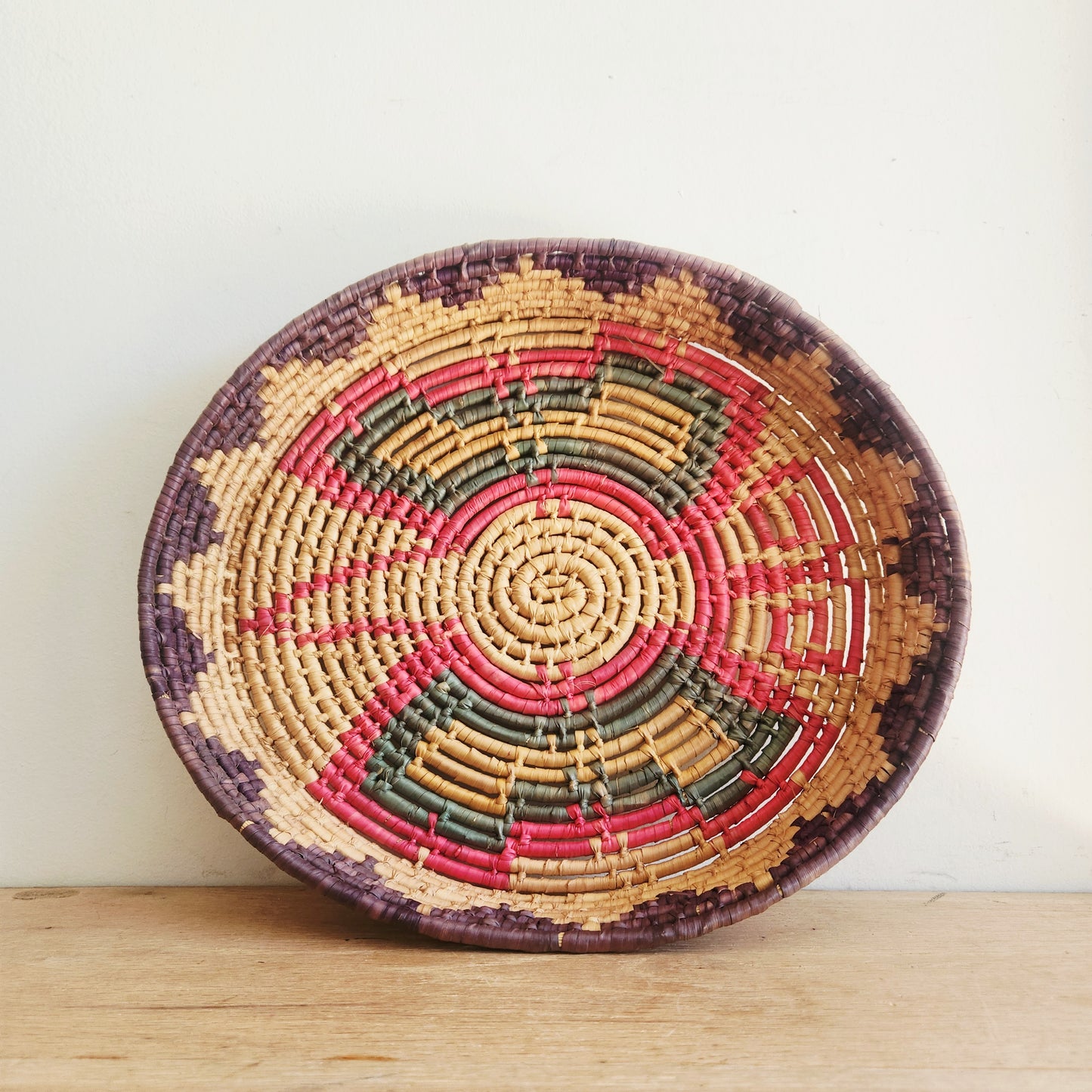 Vintage Raffia Coil Basket 14"w 2"H