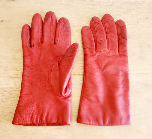 Vintage Red Leather Gloves with Acrylic Lining - size 7