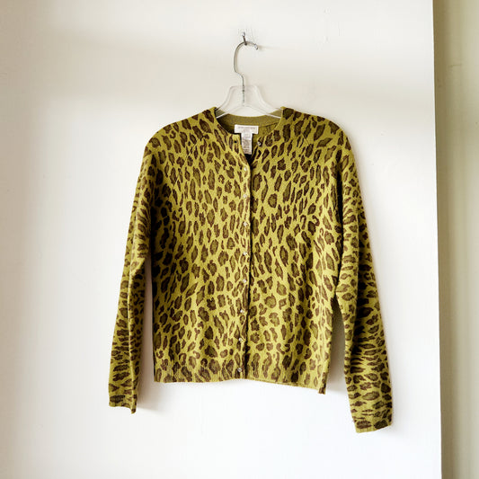 Jones New York Sport Lambswool & Angora Blend Chartreuse Leopard Cardigan - Petite S