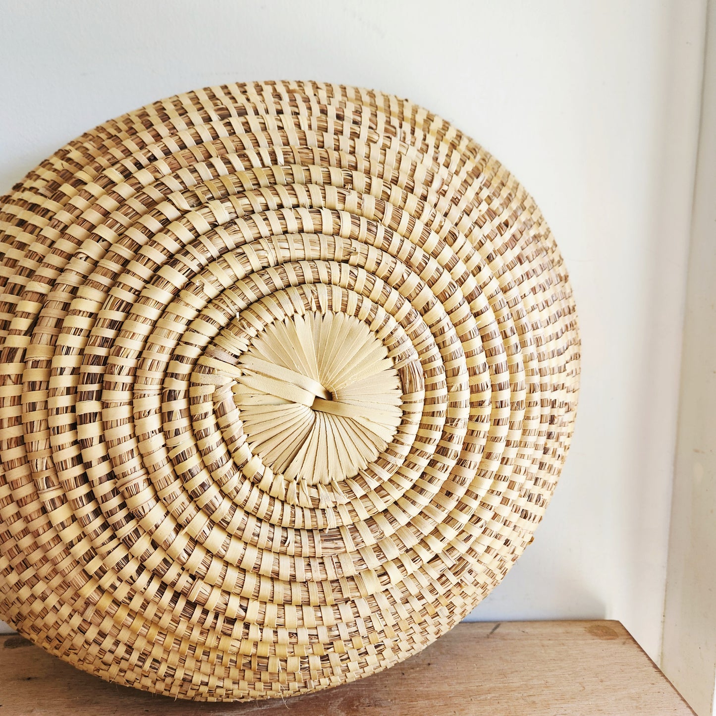 Large Size Brown and Tan Woven Round Coil Basket 9"H 24"W