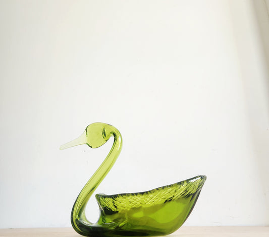 Vintage Avocado Green Viking Glass Swan Trinket Dish