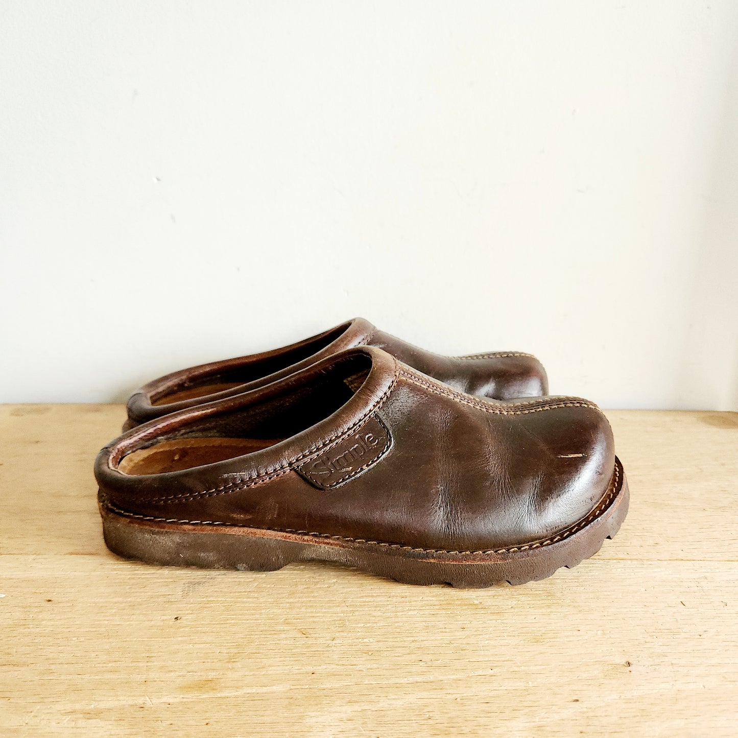 Simple Brown Leather Slip On Clogs - size 9.5