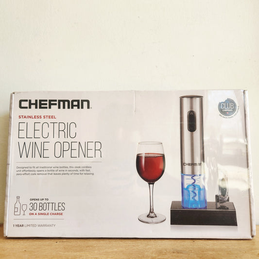 Chefman Electric Wine Opener w/ Foil Cutter, Rechargeable Battery - Stainless Steel, New