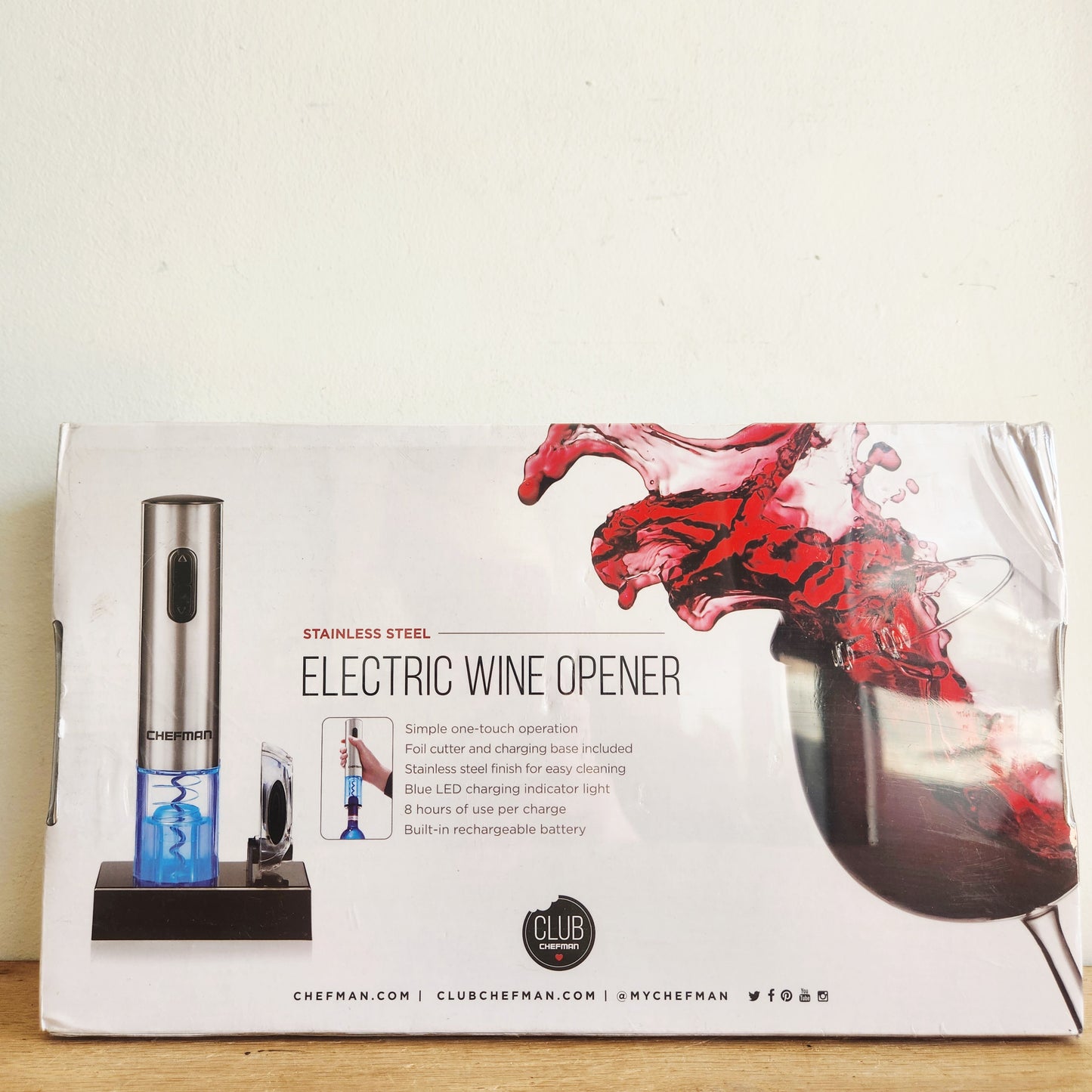 Chefman Electric Wine Opener w/ Foil Cutter, Rechargeable Battery - Stainless Steel, New