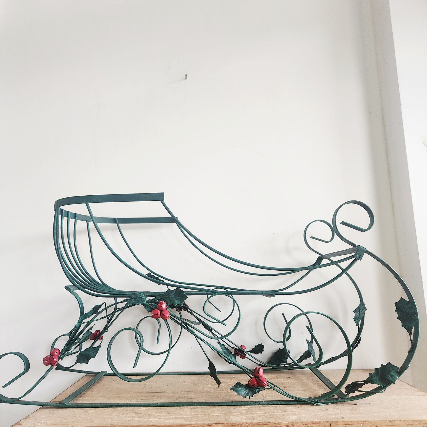 Vintage Green Metal Sleigh w Holly 25"L