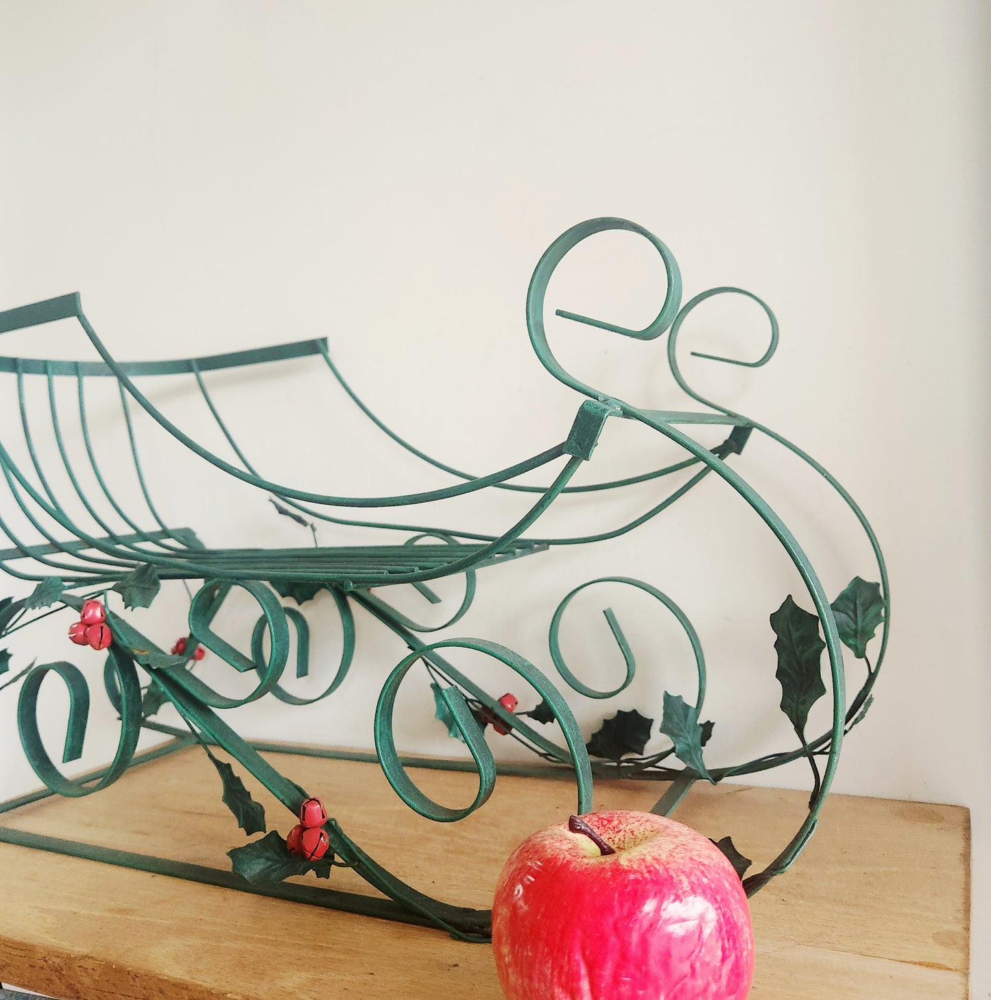 Vintage Green Metal Sleigh w Holly 25"L