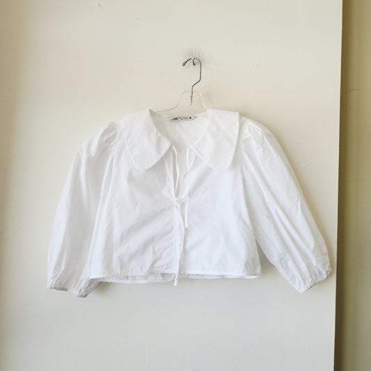 Zara 100% Cotton Crop Top with Collar & Tie - XS