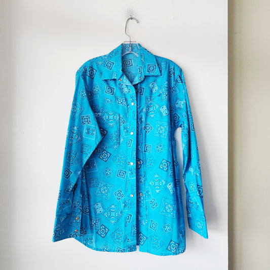 Vintage Teal Bandana Print Snap Front Shirt - approx Men's S/M