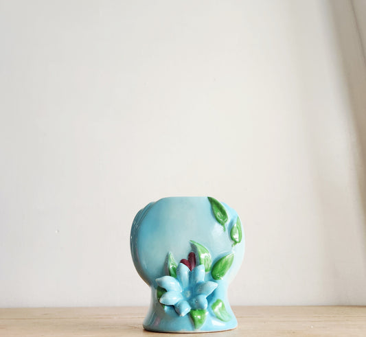 Vintage Ceramic Vase with Blue Flowers 5"H