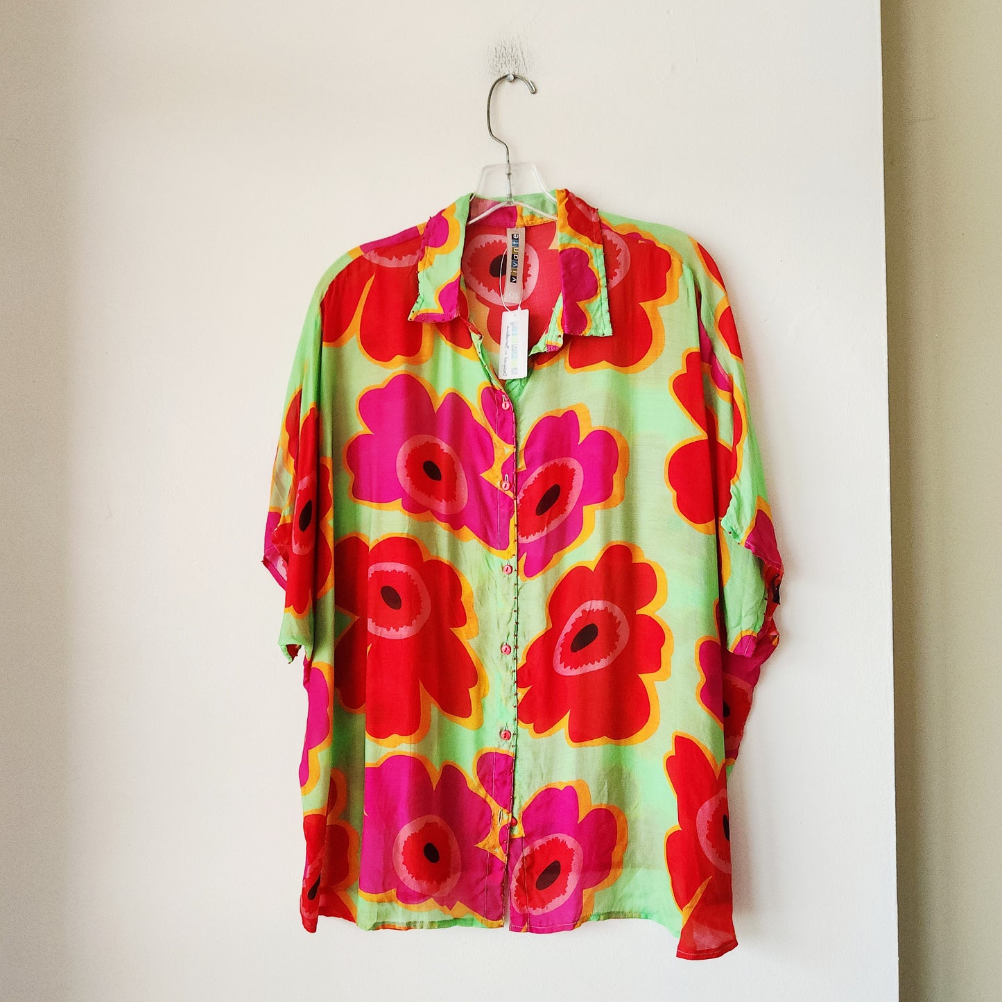 Vivante Bright Florals Button Up Top with Beading Details - One Size - New