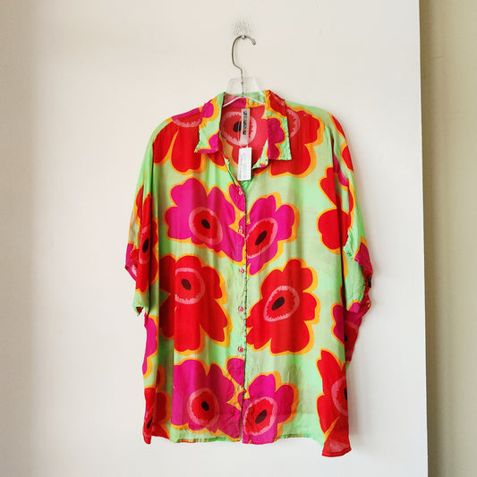 Vivante Bright Florals Button Up Top with Beading Details - One Size - New