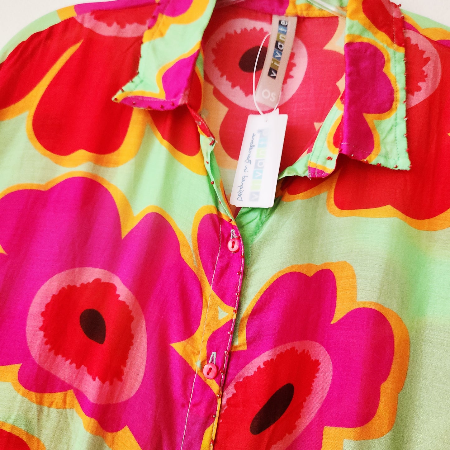 Vivante Bright Florals Button Up Top with Beading Details - One Size - New