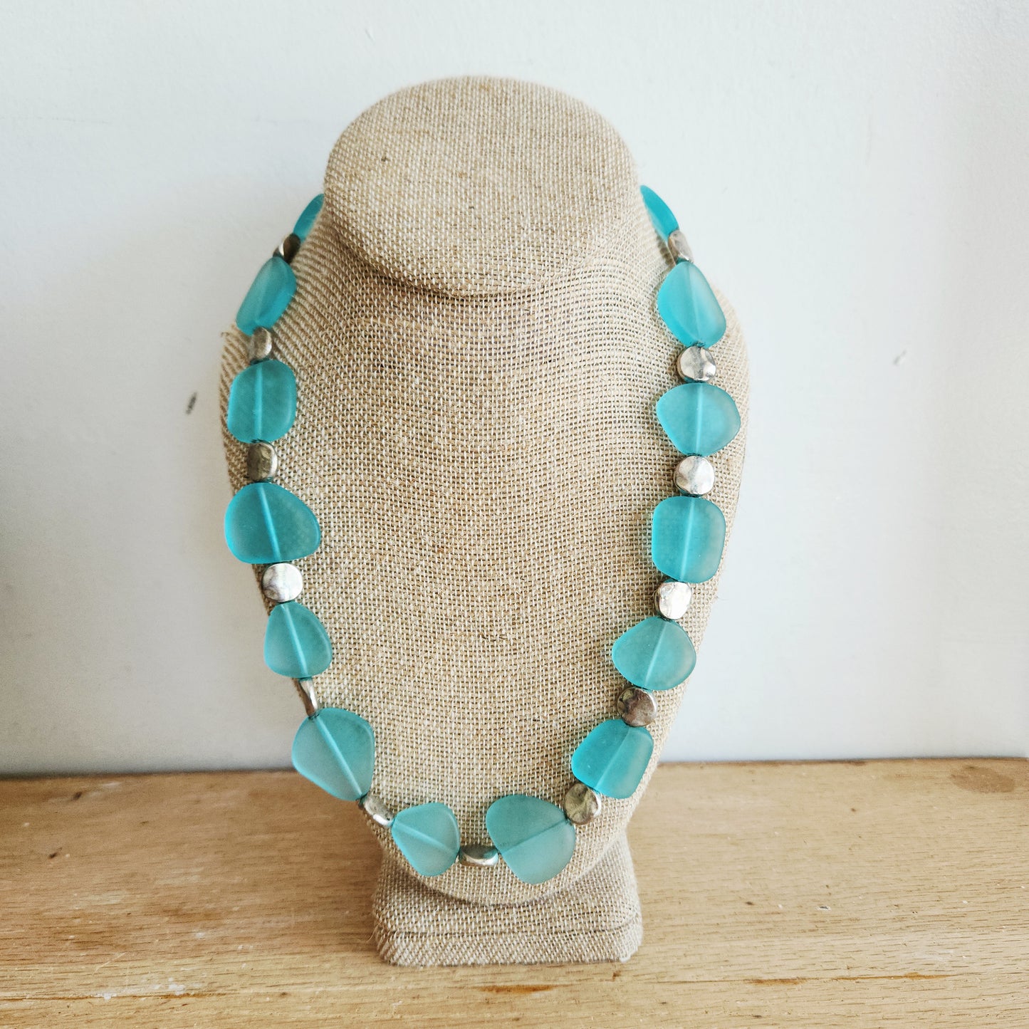 Sea Glass Style Bead Necklace with Fish & Hook Clasp