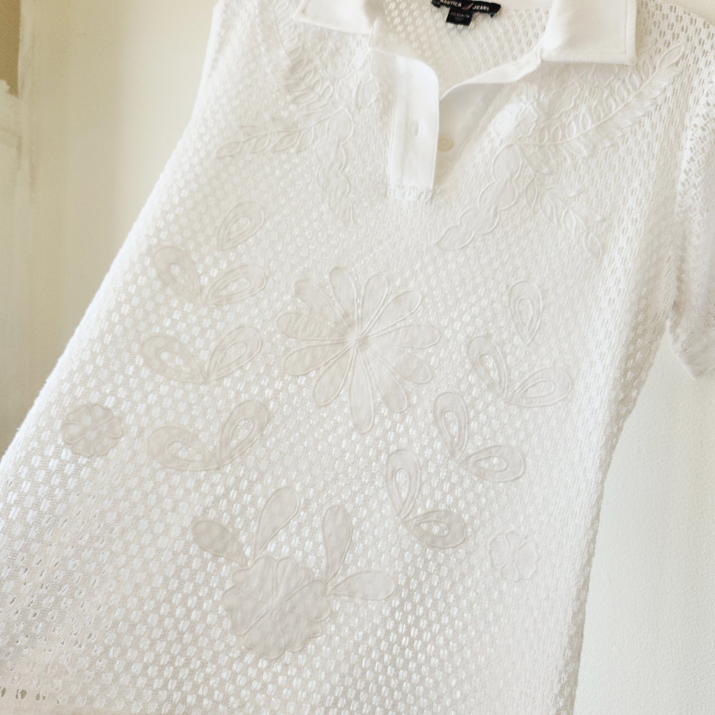 Nautica Jeans White Open Knit Polo Shiry with Embroidery - XS