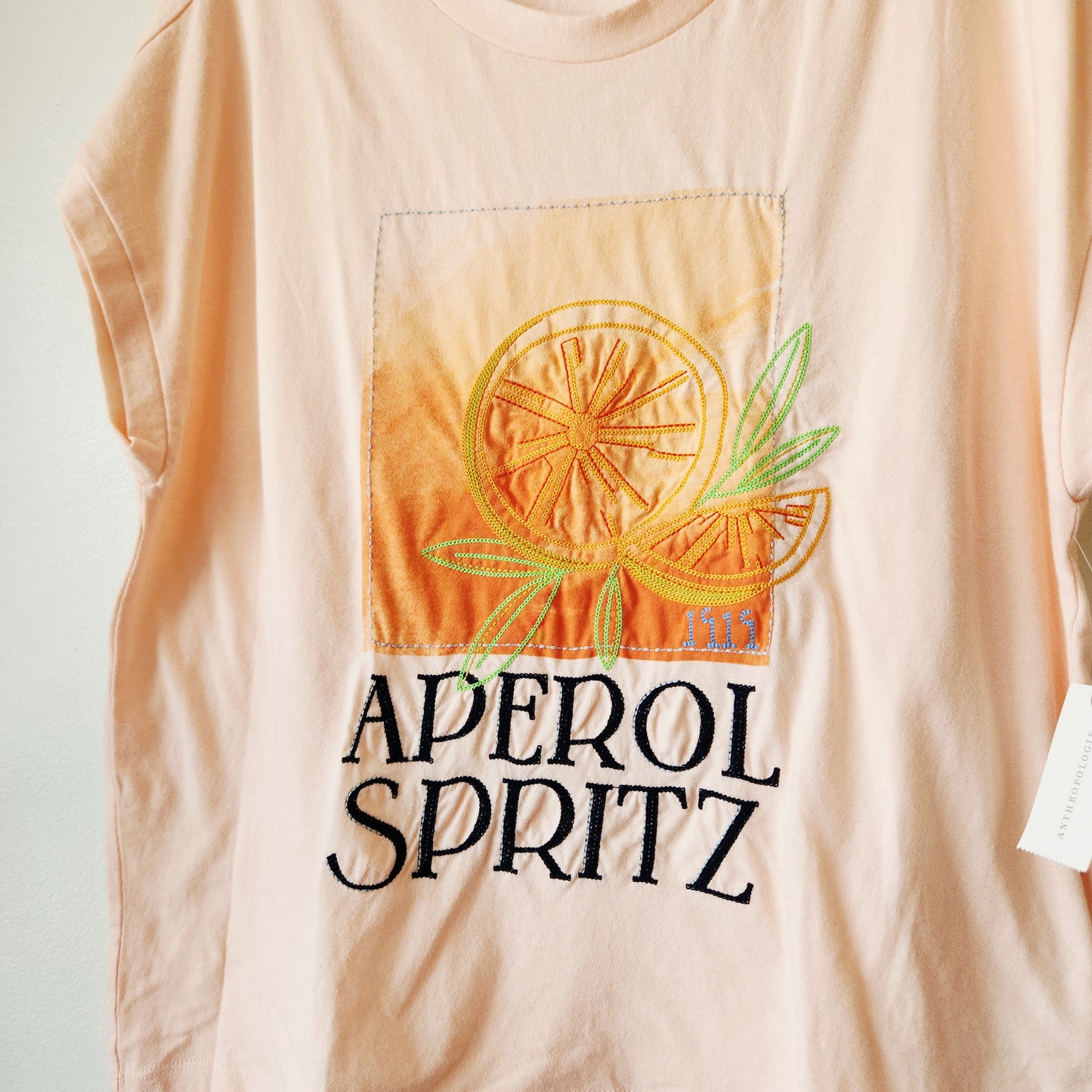 Anthropologie 100% Cotton Aperol Spritz Embroidery Muscle Tee - M - New