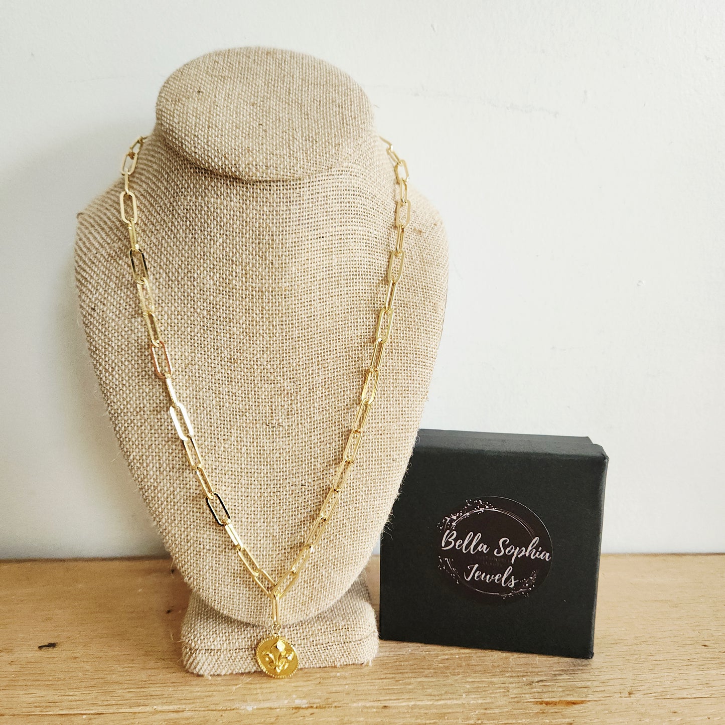 Bella Sophia Paper Clip Chain Necklace with Fleur de Lis Necklace
