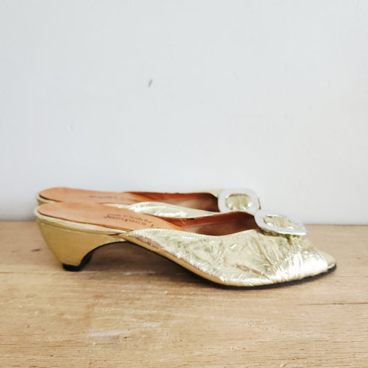 Vintage Jacques Levine Gold Slides with Buckles - size 8B