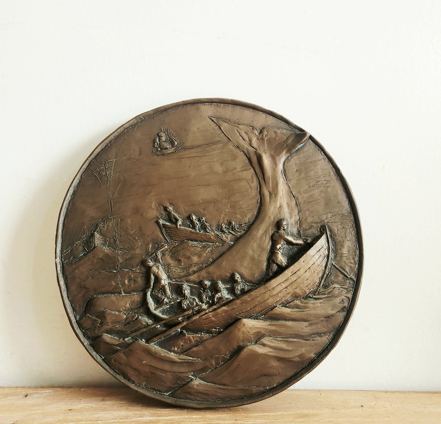 Vintage Bronze Relief Plaque Nautical Whaling Scene 8"