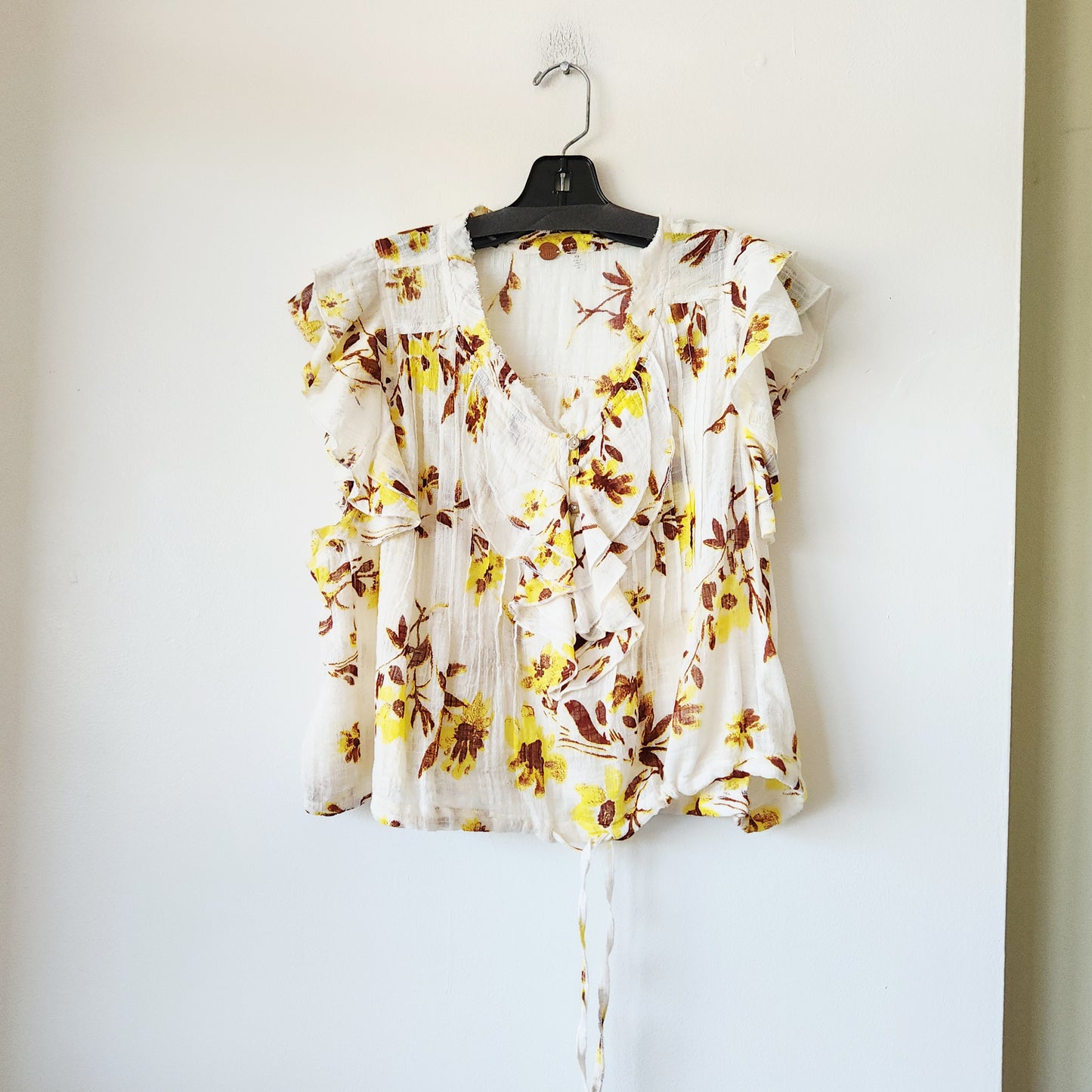 Free People Gauzy Top with Drawstring & Ruffles - S