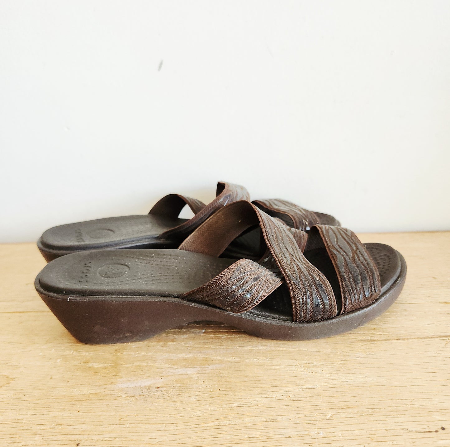 Crocs Wedge Slides with Animal Print Motif - size 6