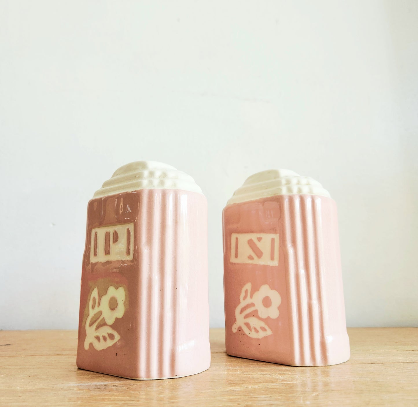 Vintage Harker Pottery Cameoware Pink and White Floral Salt and Pepper Shakers 6" Set