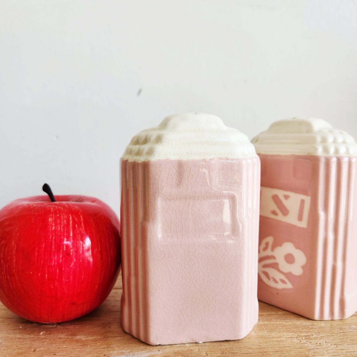 Vintage Harker Pottery Cameoware Pink and White Floral Salt and Pepper Shakers 6" Set