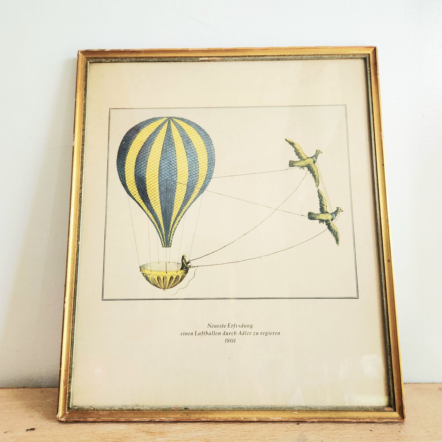 Vintage Framed 1801 Illustration Print Hot Air Balloon Pulled by Eagles 13" x 15"