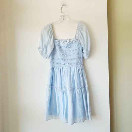 She + Sky Pastel Blue Puff Sleeve Dress with Smocked Top - S