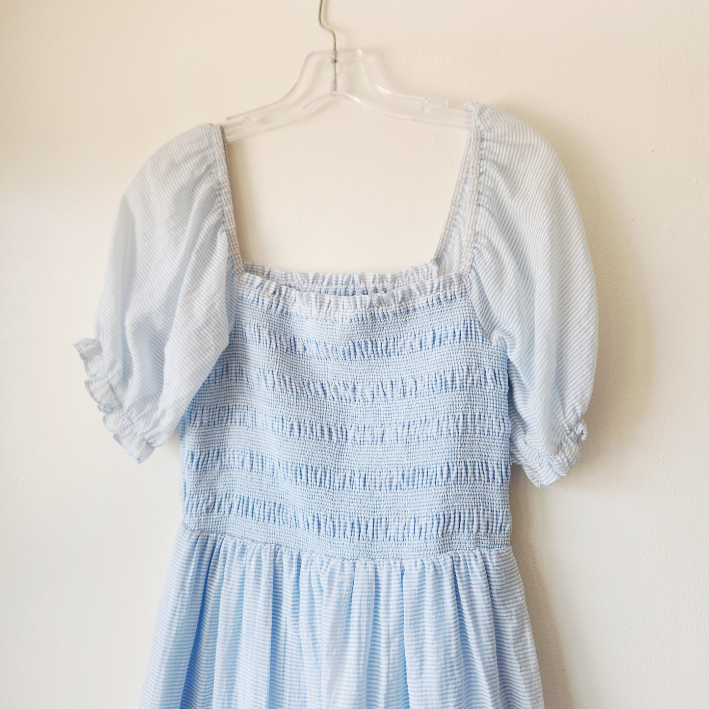 She + Sky Pastel Blue Puff Sleeve Dress with Smocked Top - S