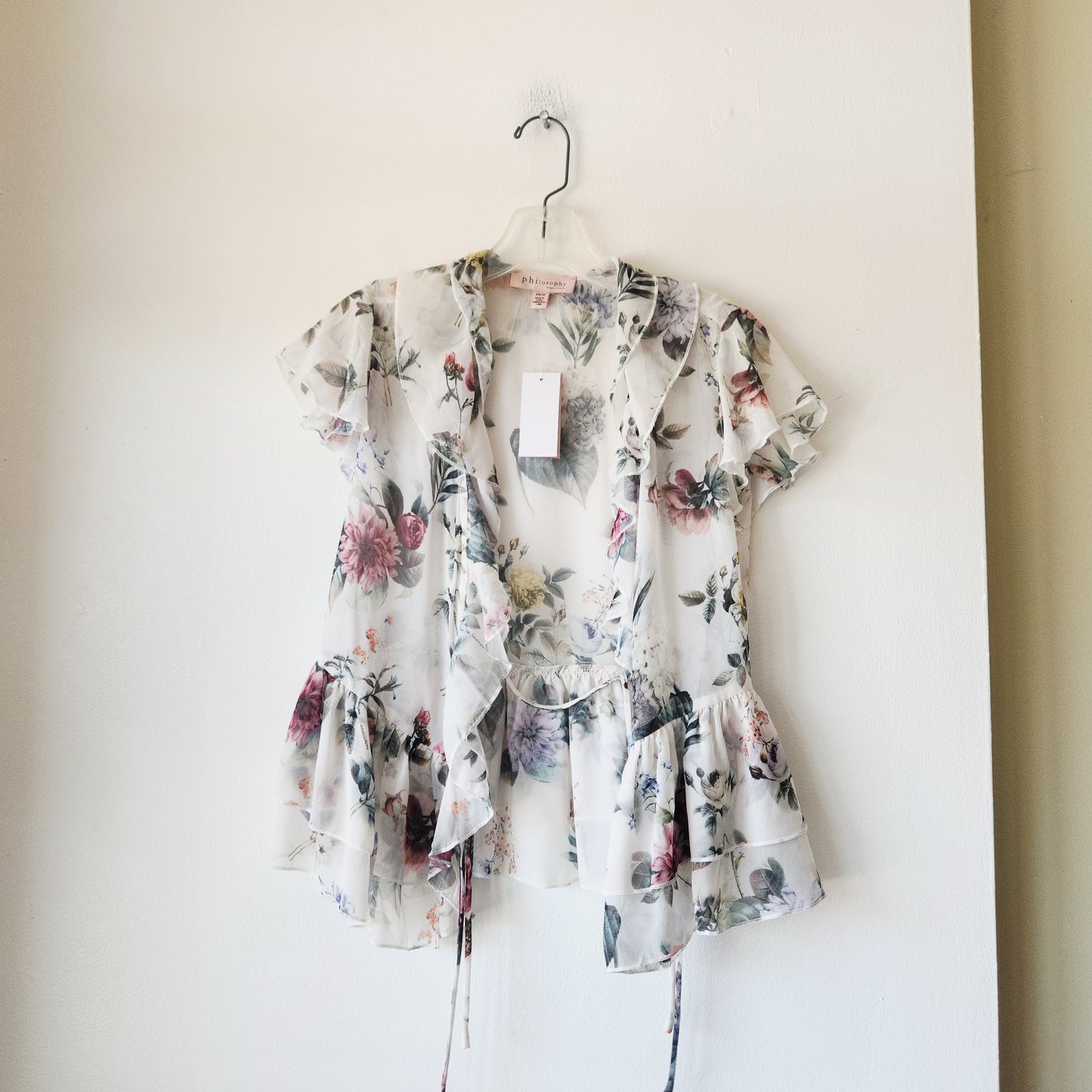 Philosophy Semisheer Floral Top with Tie - XS - New