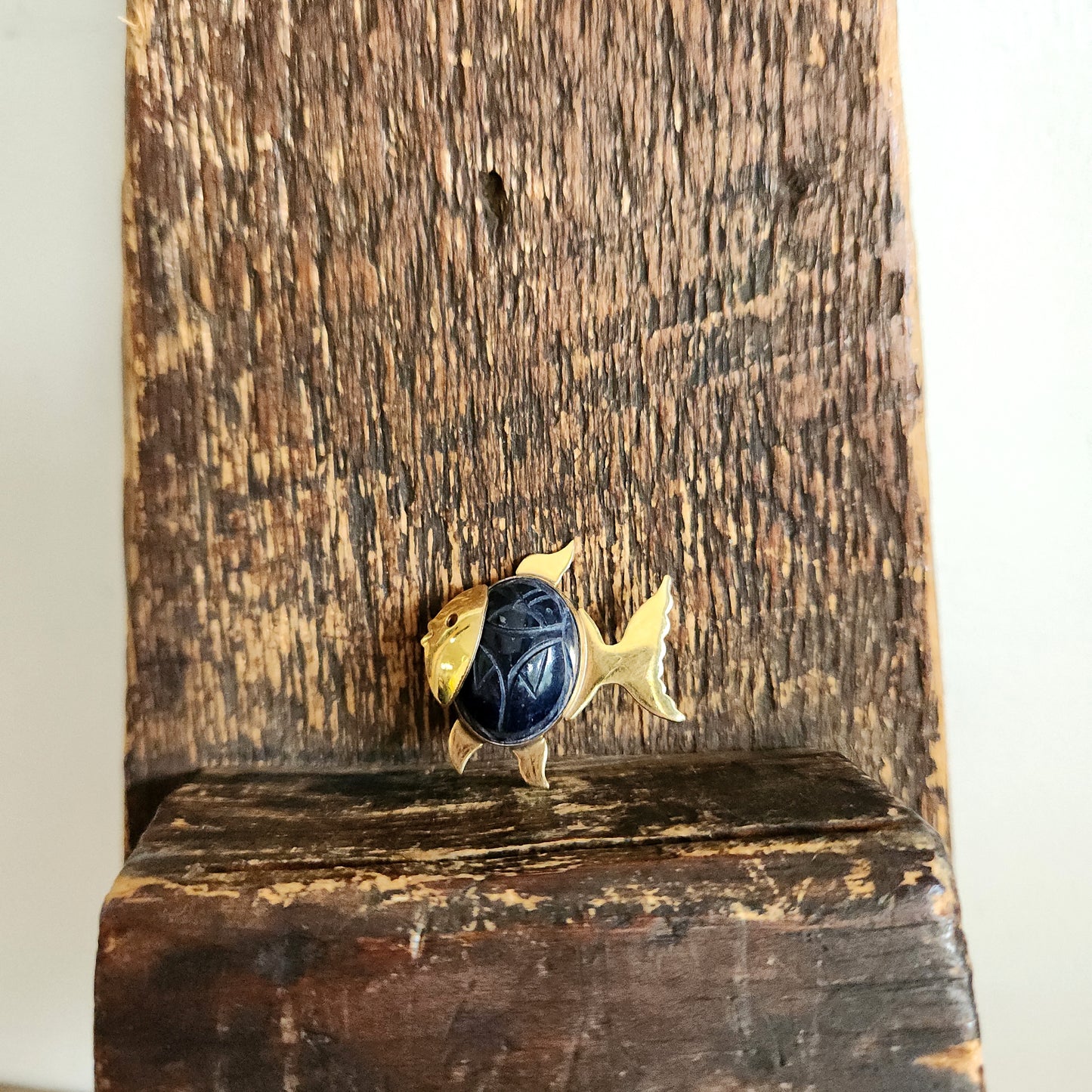 Vintage 12K Gold Fill & Etched Stone Fish Pin