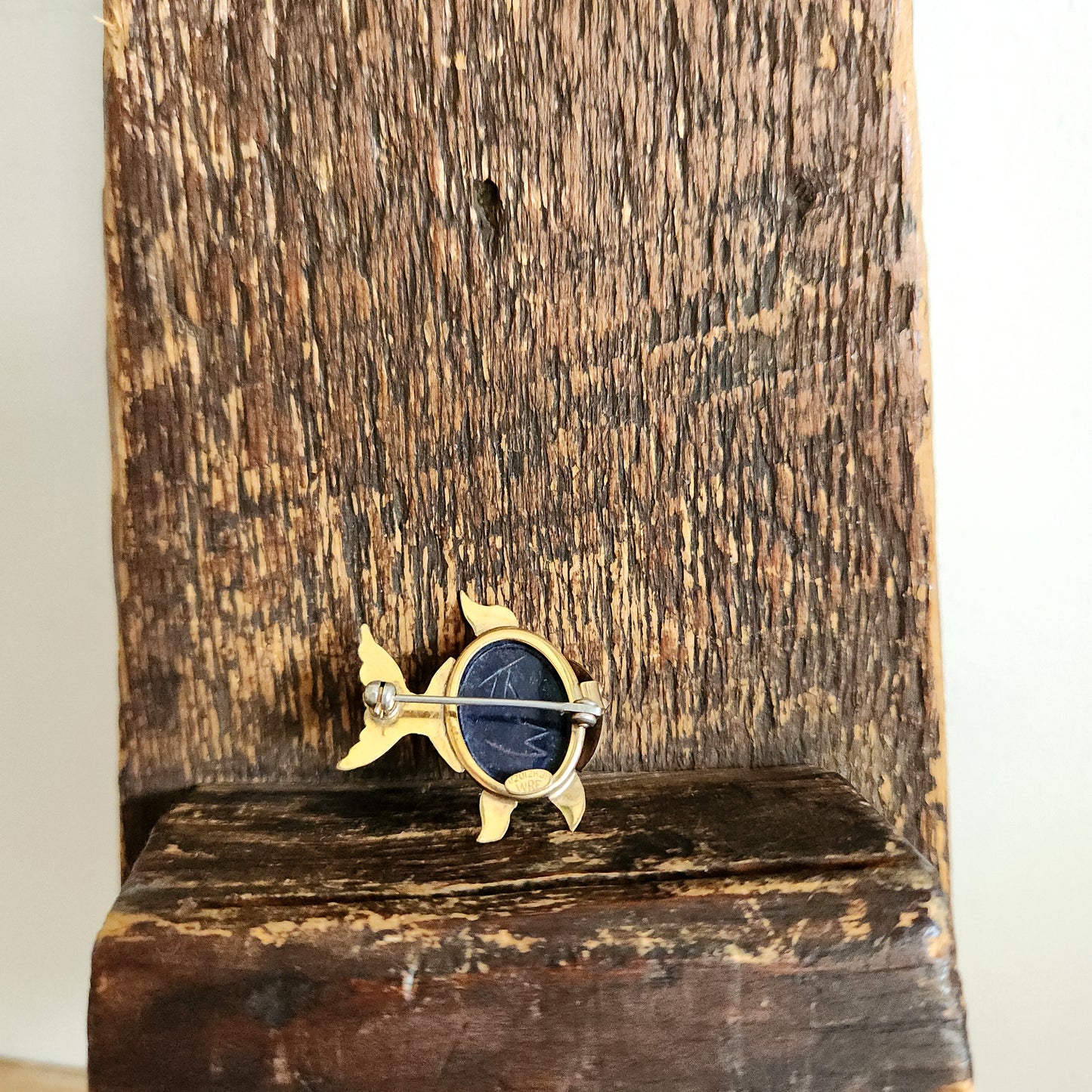 Vintage 12K Gold Fill & Etched Stone Fish Pin
