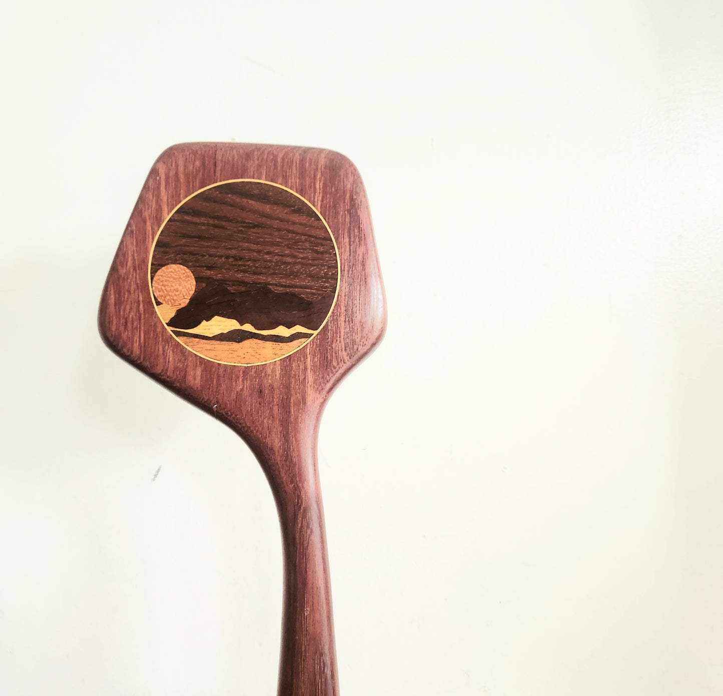 Handcrafted Wooden Hand Mirror with Scenic Inlay