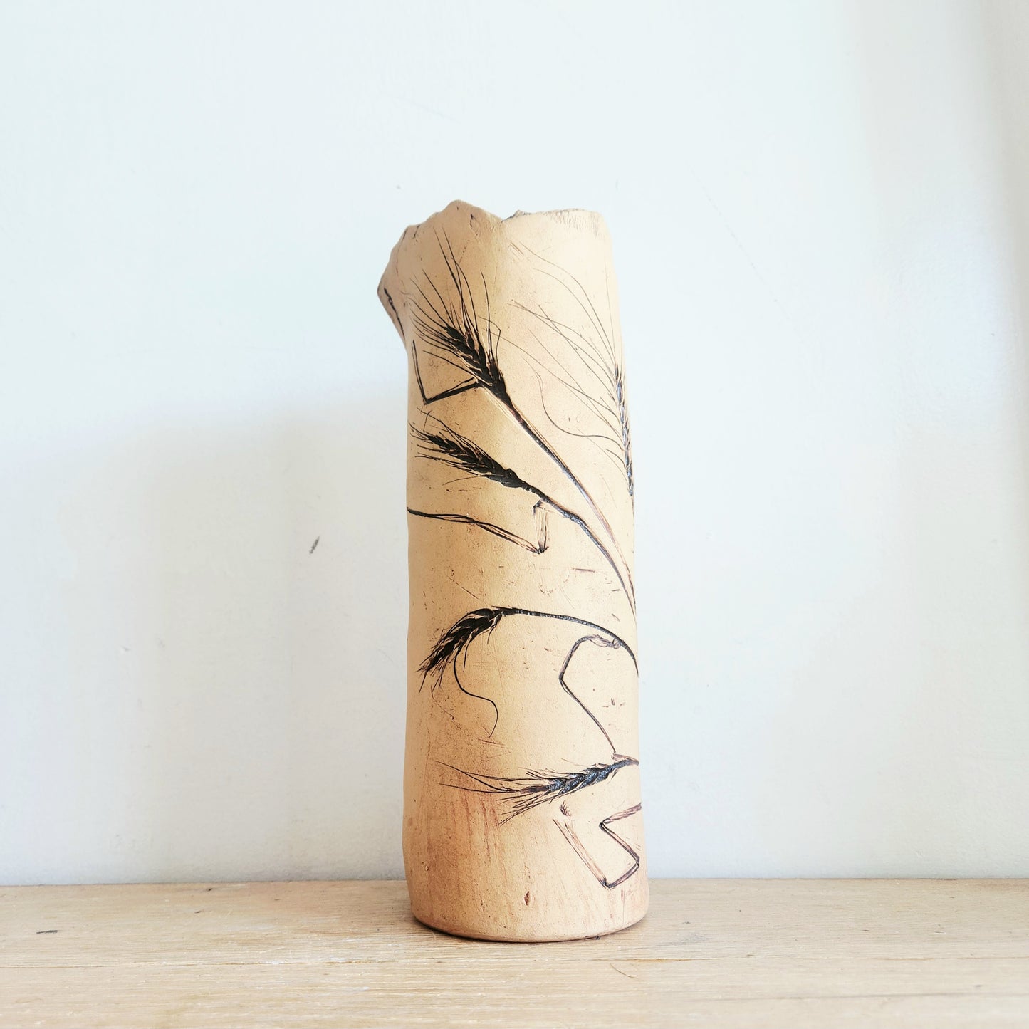 Clay Creations by Mary Ann Cylinder Vase Wild Grasses 11"