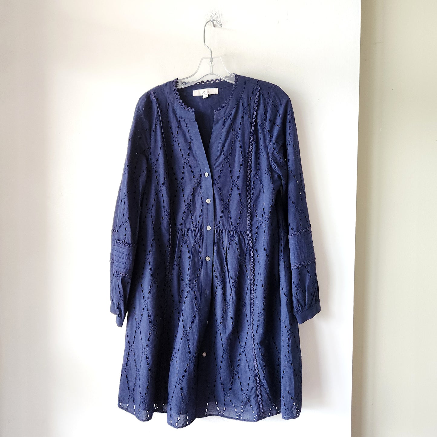 Loft 100% Cotton Navy Eyelet Dress with Buttons - M