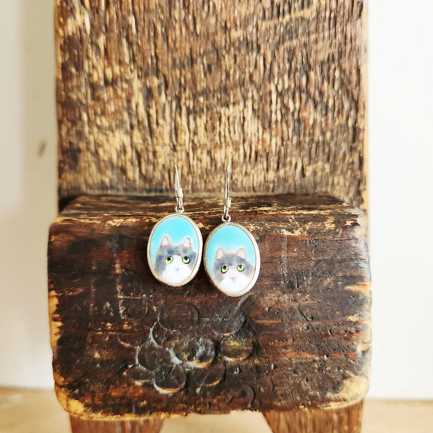 Ceramic Oval Cat Portrait Earrings