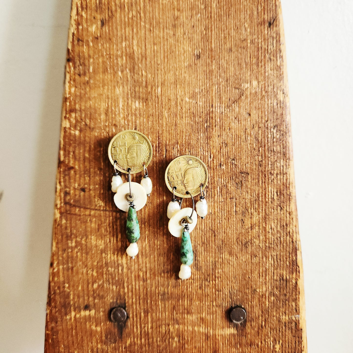 Coin Stud Earrings with Turquoise Accent
