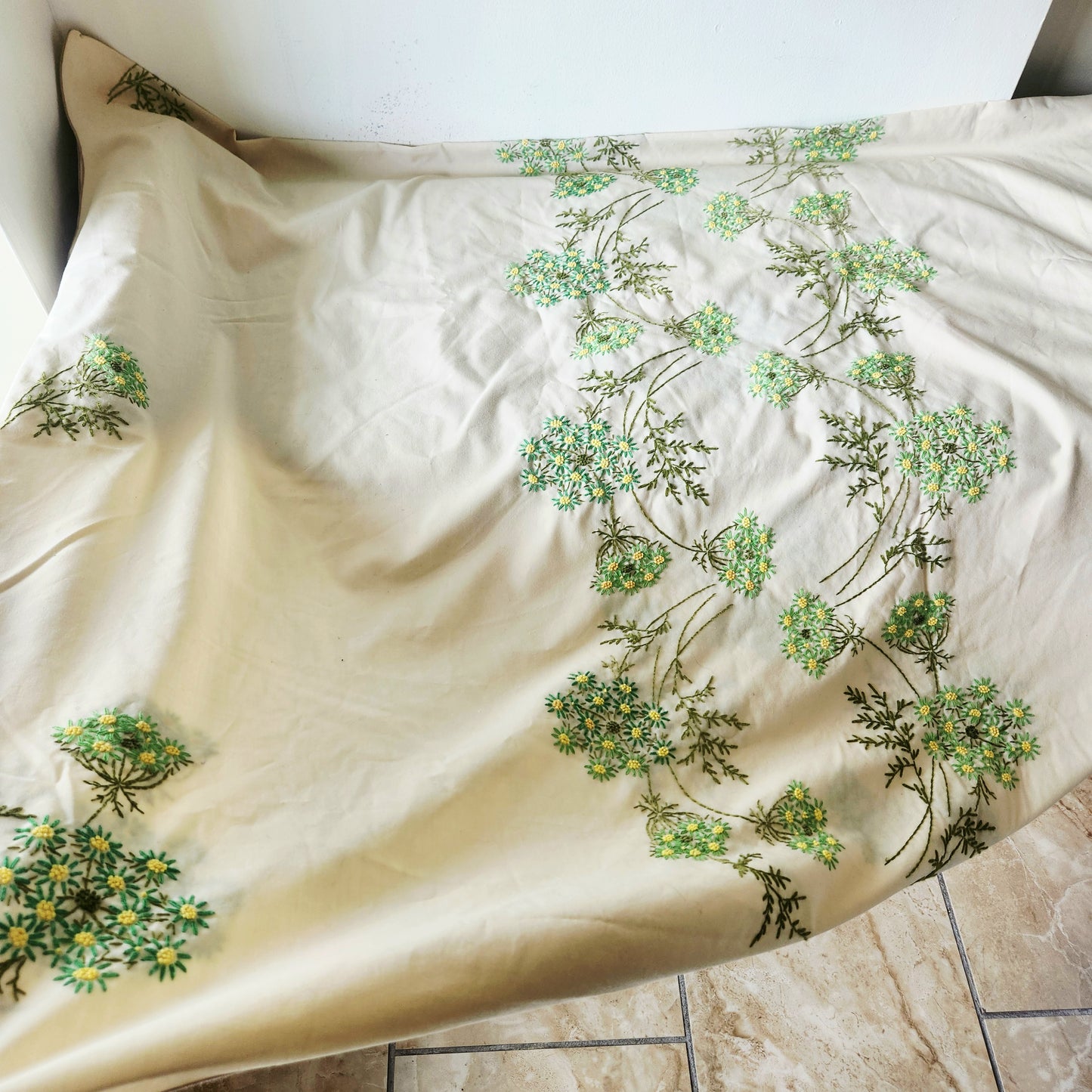 Vintage Queen Anne's Lace Embroidered Tablecloth 58" x 80"