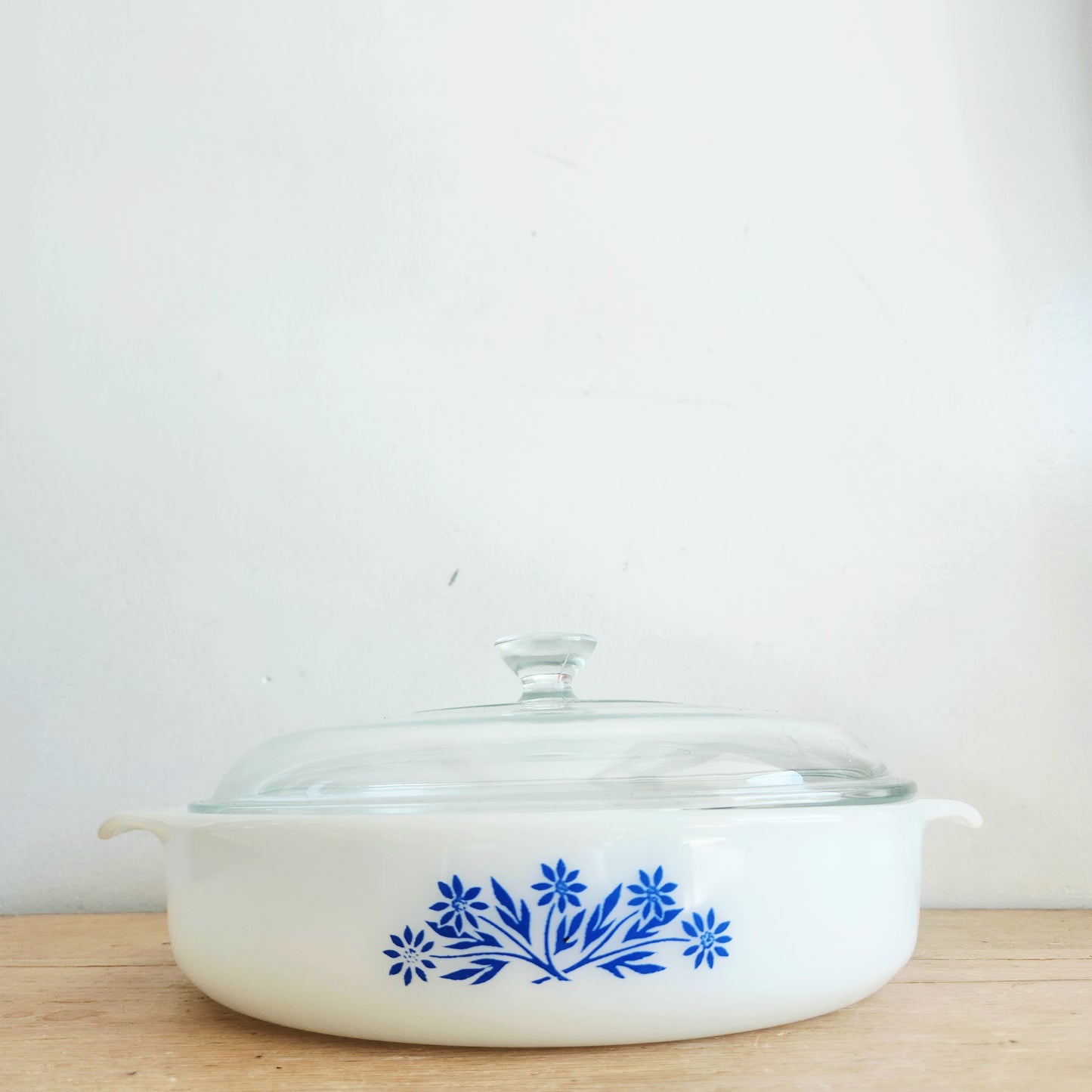 Vintage Anchor Hocking Blue Flower 9" Milk Glass Casserole Dish with Lid