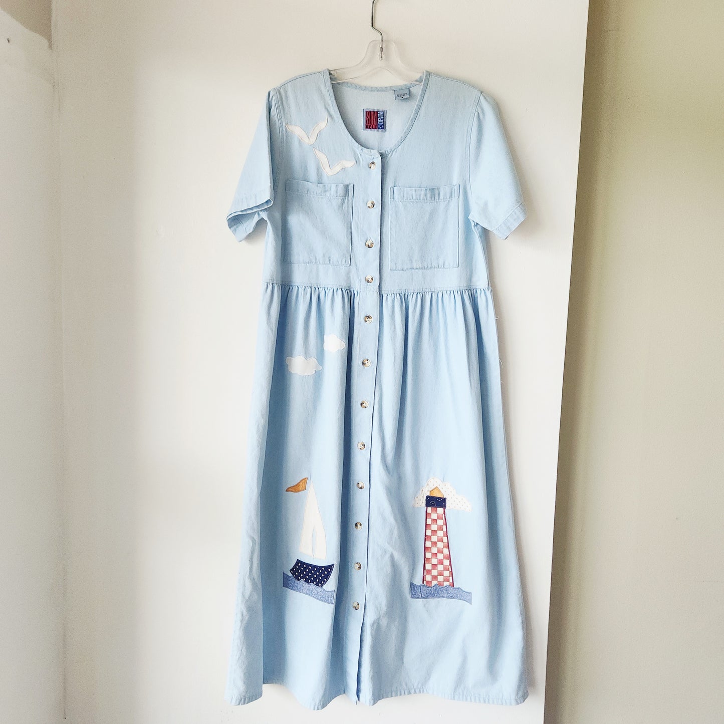 Vintage 90s Sun Belt Denim 100% Cotton Dress with Applique - S
