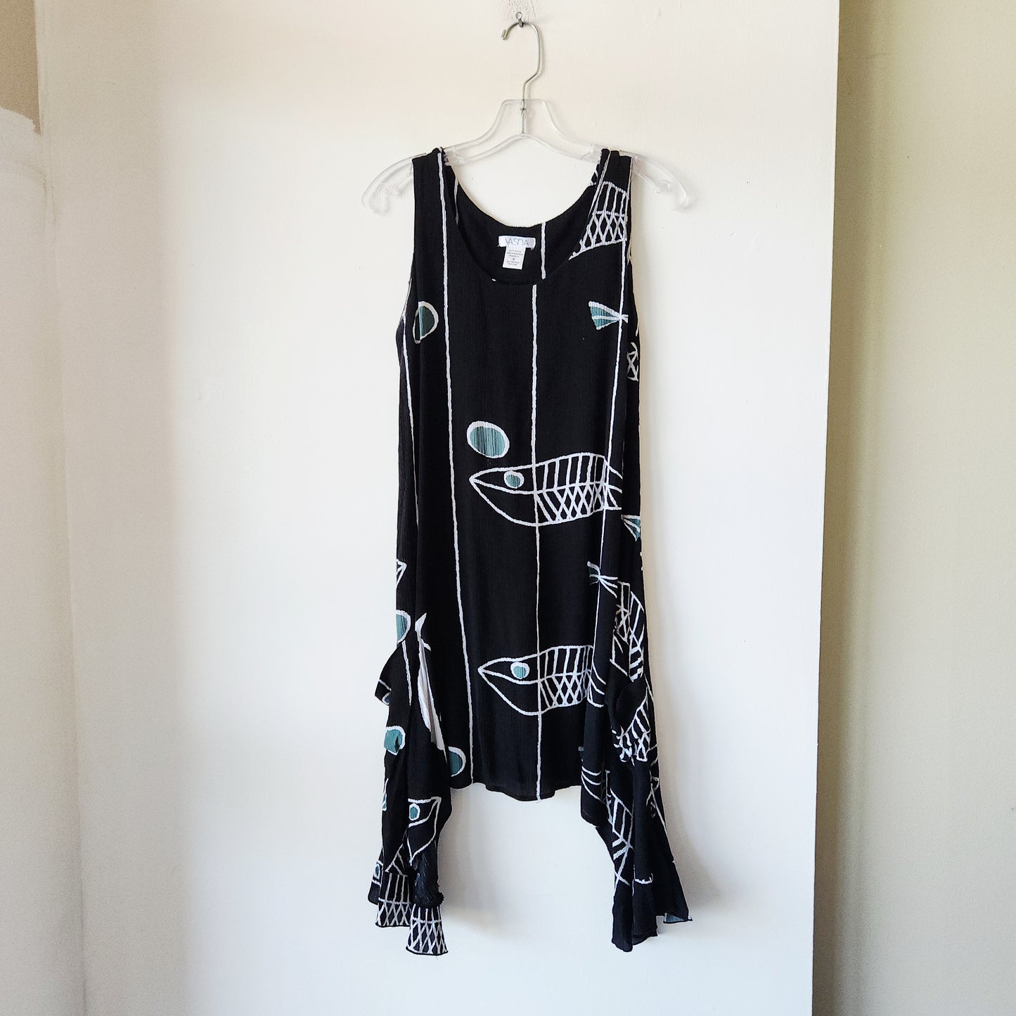 Fish Motif Dress/Cover Up with Handkerchief Hem & Pockets - S