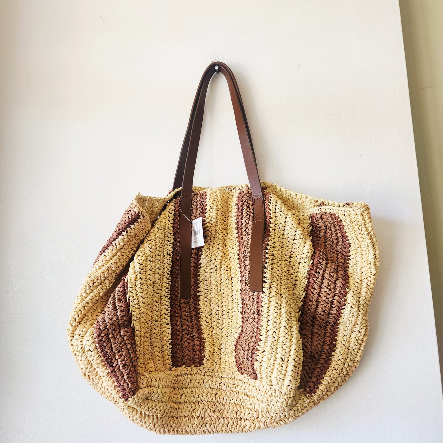J. Jill Straw Tote Striped Leather Handle Bag w Pocket Zippe Inside NEW