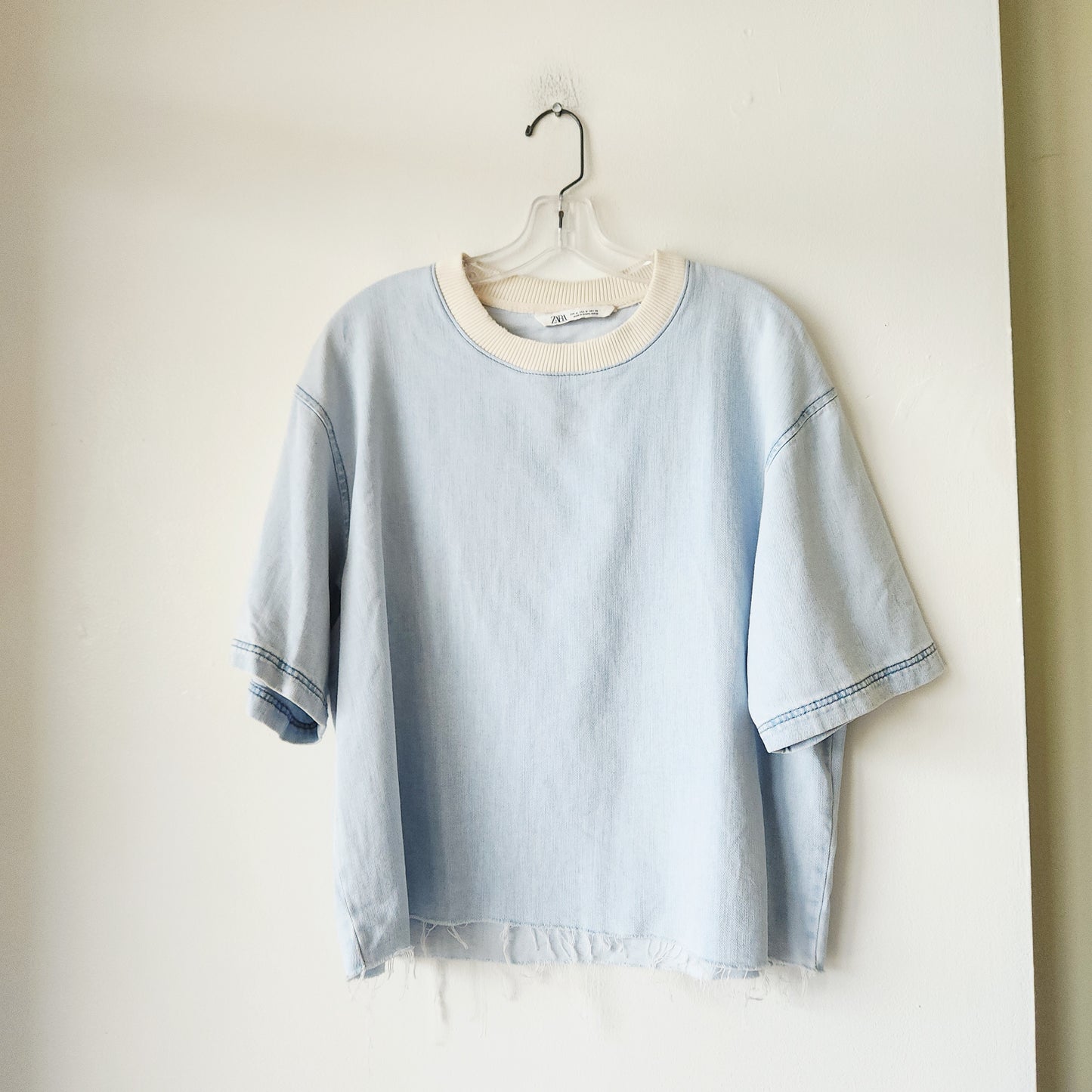 Zara Denim Boxy Fit Top with Contrast Collar & Distressed Hem - M