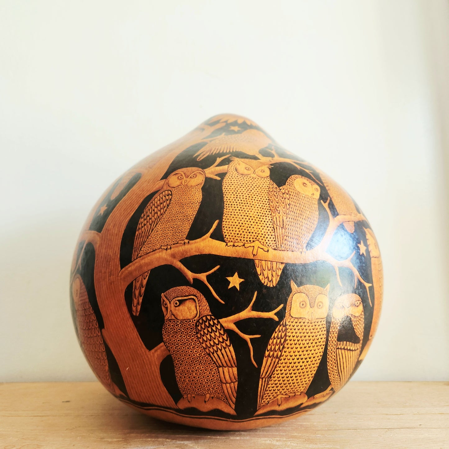 Handcarved Owls Gourd Sal Salones A. 13"