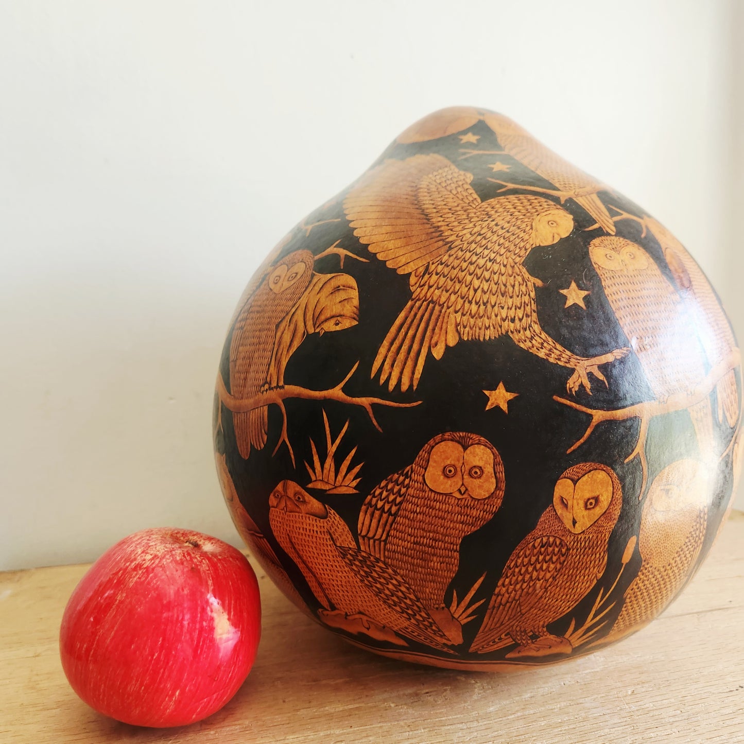 Handcarved Owls Gourd Sal Salones A. 13"