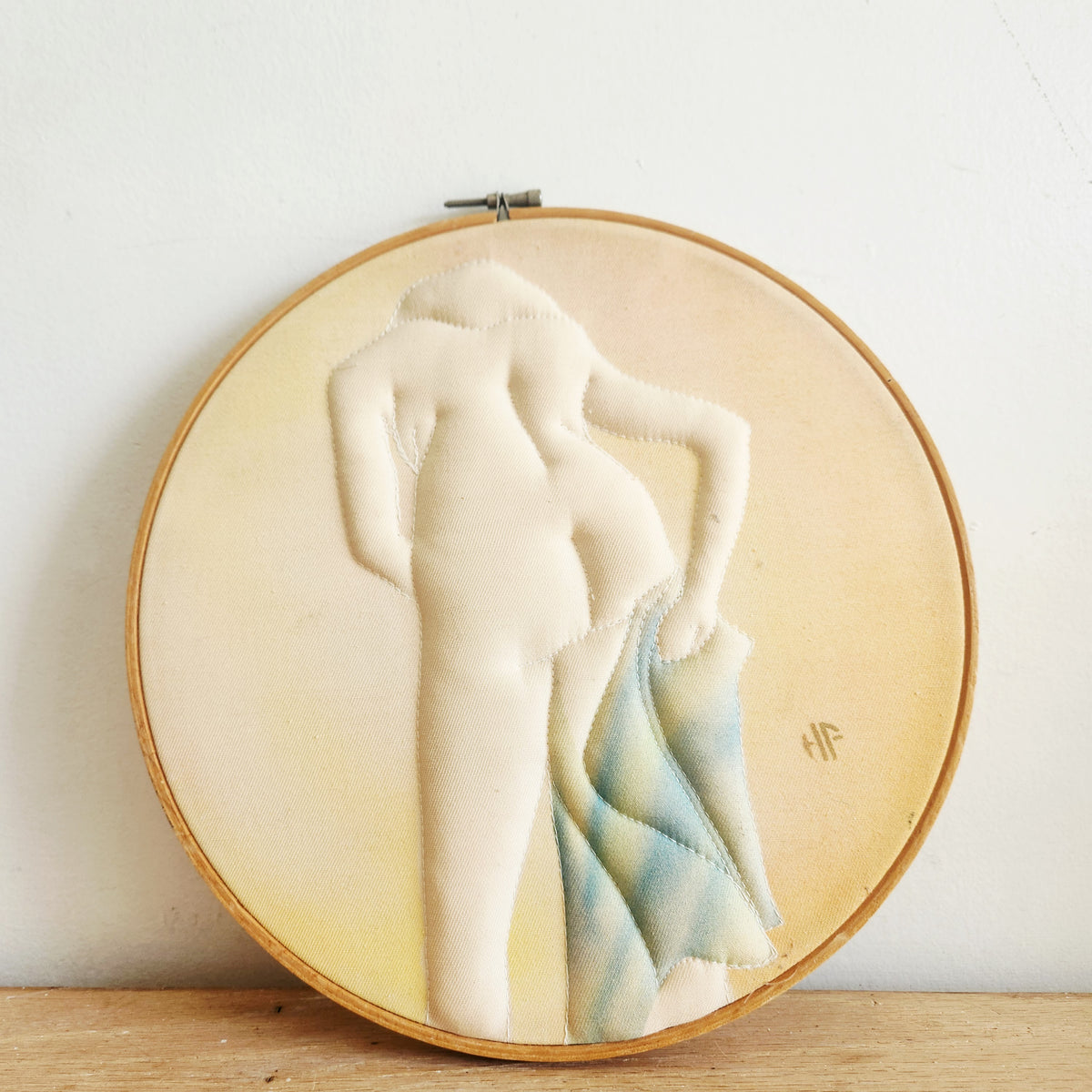 Handcrafted Stuffed Textile Art Piece on Wooden Hoop Signed HF 10"
