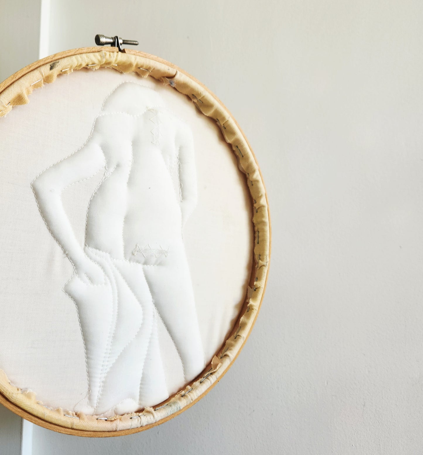 Handcrafted Stuffed Textile Art Piece on Wooden Hoop Signed HF 10"