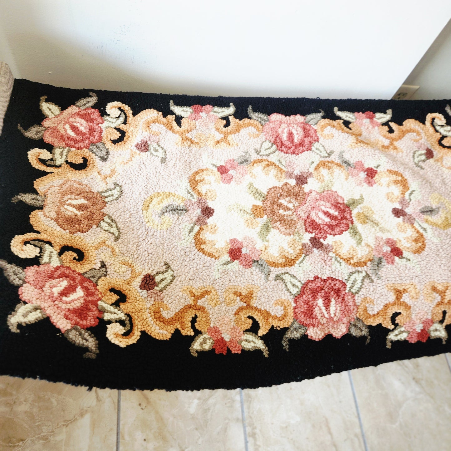 Vintage Floral Hooked Rug 24" x 46"