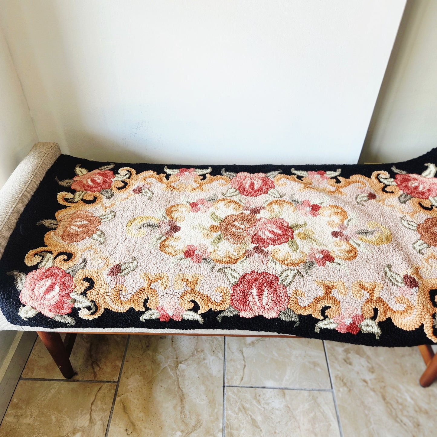 Vintage Floral Hooked Rug 24" x 46"