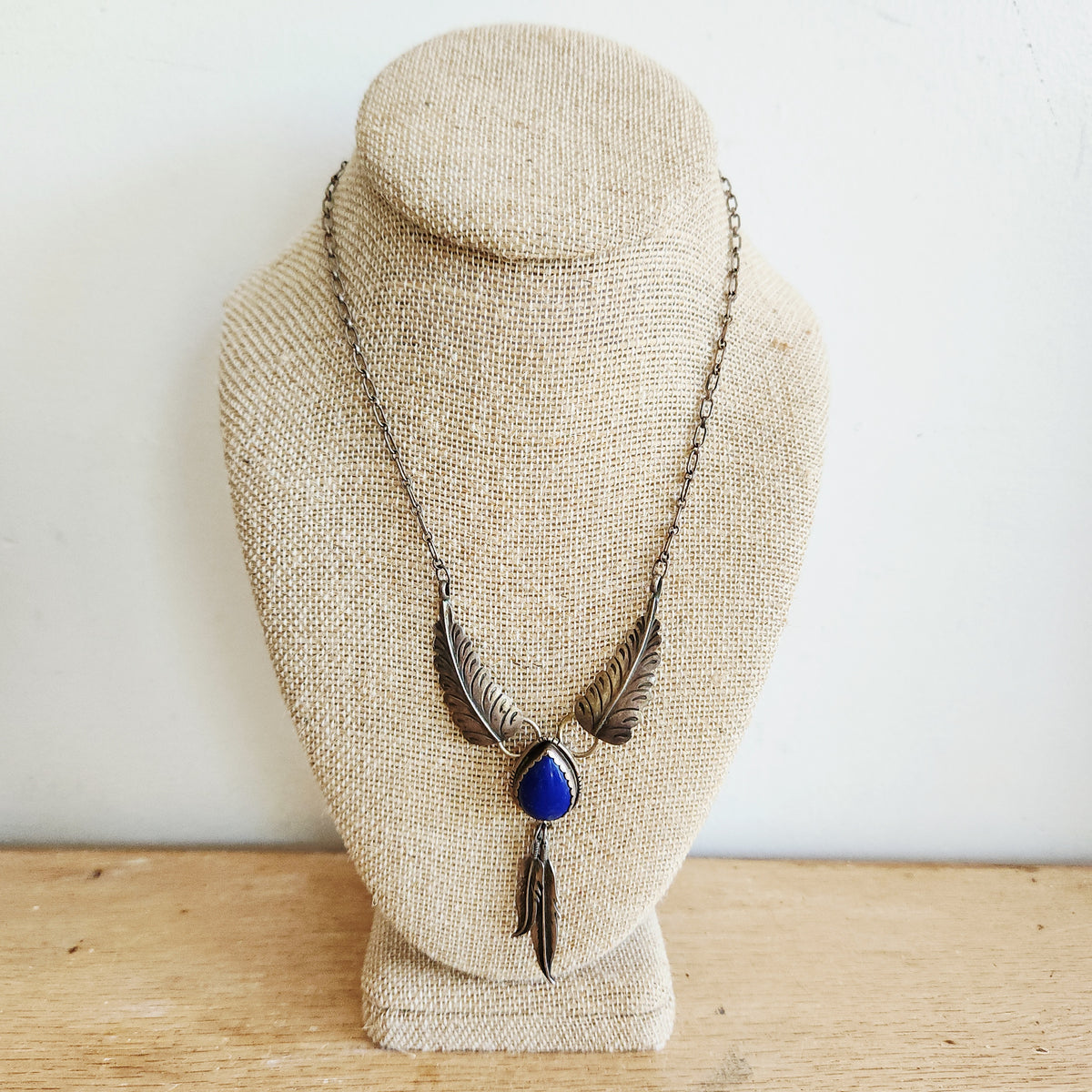 Vintage Sterling Silver Feather & Lapis Lazuli Necklace - signed RB